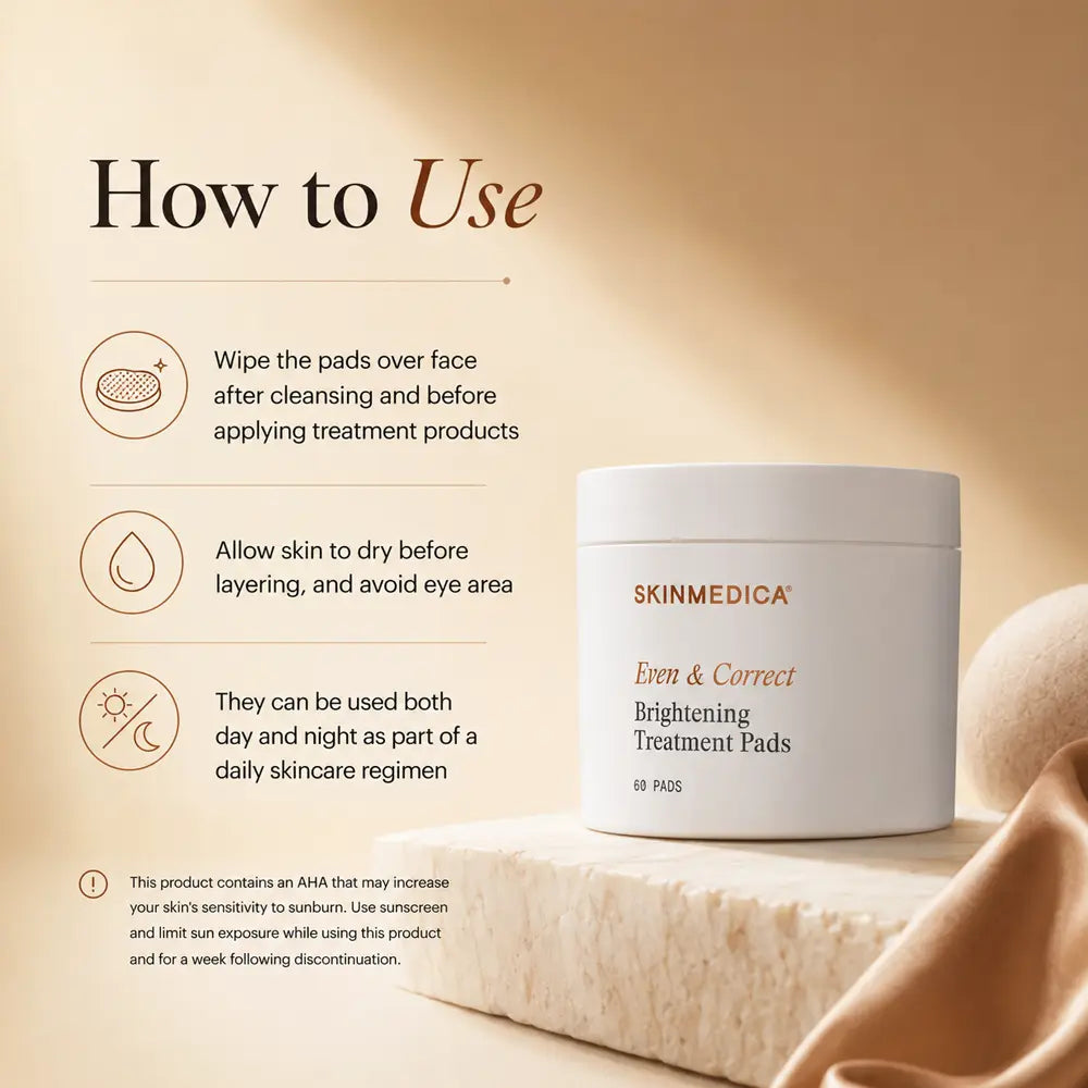 A white jar of SkinMedica Even & Correct Brightening Treatment Pads sits on a beige surface with draped cream-colored fabric. The left side features a warm beige background with 'How to Use' instructions, icons, and product text.