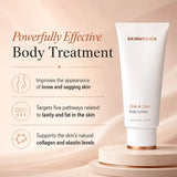 A white tube of SkinMedica Firm & Tone Body Lotion stands on a round pedestal against a soft beige background, with marketing text on the left describing benefits for skin laxity and collagen.