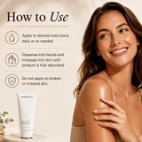 A woman with smooth, radiant skin is shown on the right, while the left side displays a 'How to Use' guide with icons and text, plus a white tube of SkinMedica Firm & Fine Body Lotion placed on a small pedestal.