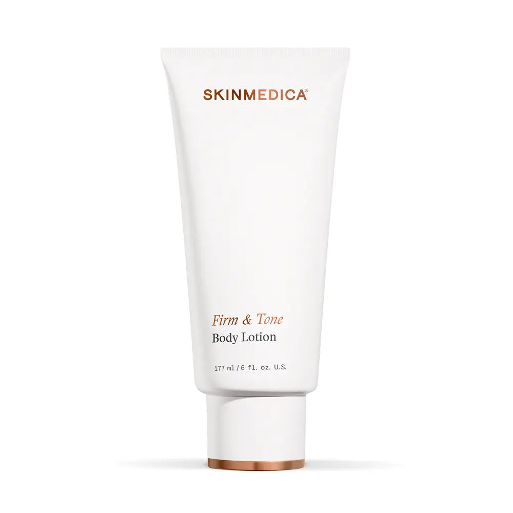 A white tube of SkinMedica Firm & Tone Body Lotion with rose gold lettering, set against a clean white background with a soft shadow.