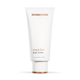 A white tube of SkinMedica Firm & Tone Body Lotion with rose gold lettering, set against a clean white background with a soft shadow.