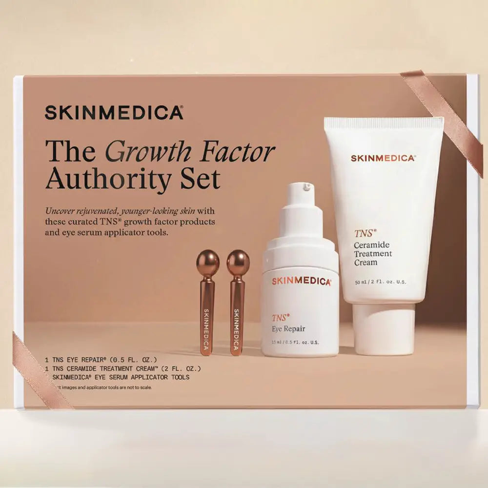 SkinMedica The Growth Factor Authority Set holiday gift box with rose gold ribbon
