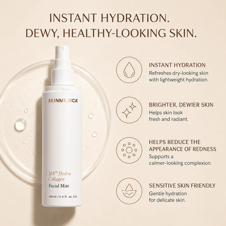 A bottle of SkinMedica HA5 Hydra Collagen Facial Mist on a warm beige background with benefits and icons describing instant hydration, brighter dewier skin, reduced redness, and sensitivity-friendly use.