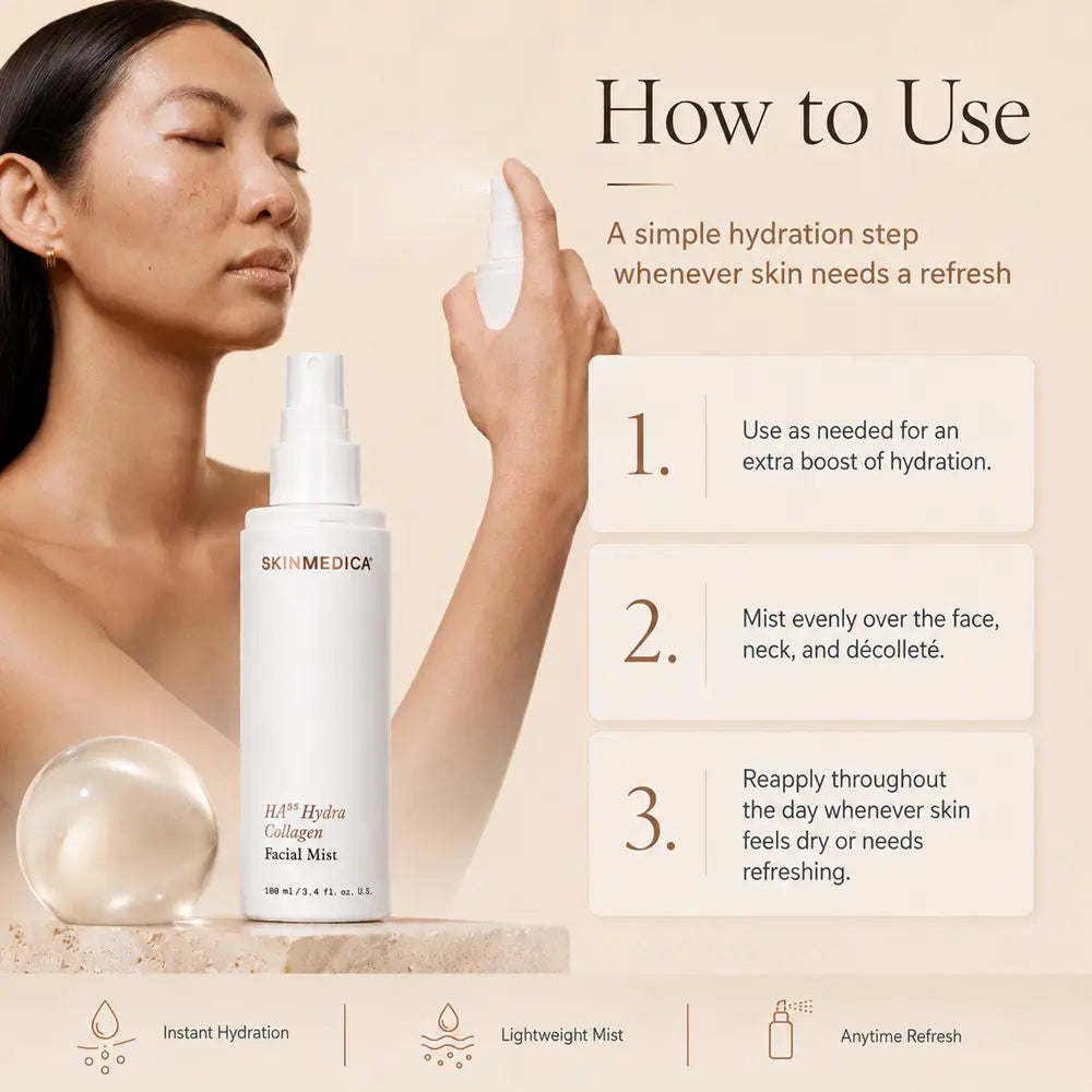 A woman holds a white spray bottle while a larger bottle of SkinMedica HA5 Hydra Collagen Facial Mist is shown beside it on a beige background with text instructions on how to use the product.
