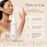 A woman holds a white spray bottle while a larger bottle of SkinMedica HA5 Hydra Collagen Facial Mist is shown beside it on a beige background with text instructions on how to use the product.