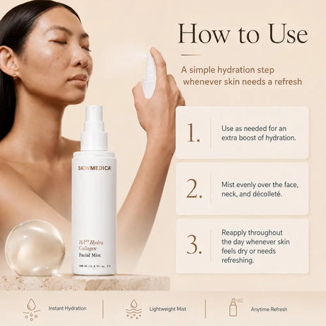 A woman holds a white spray bottle while a larger bottle of SkinMedica HA5 Hydra Collagen Facial Mist is shown beside it on a beige background with text instructions on how to use the product.