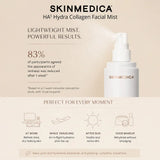 SkinMedica HA5 Hydra Collagen Facial Mist graphic. The image features a white pump bottle of the mist on the right, with a fine mist stream shown on the left.