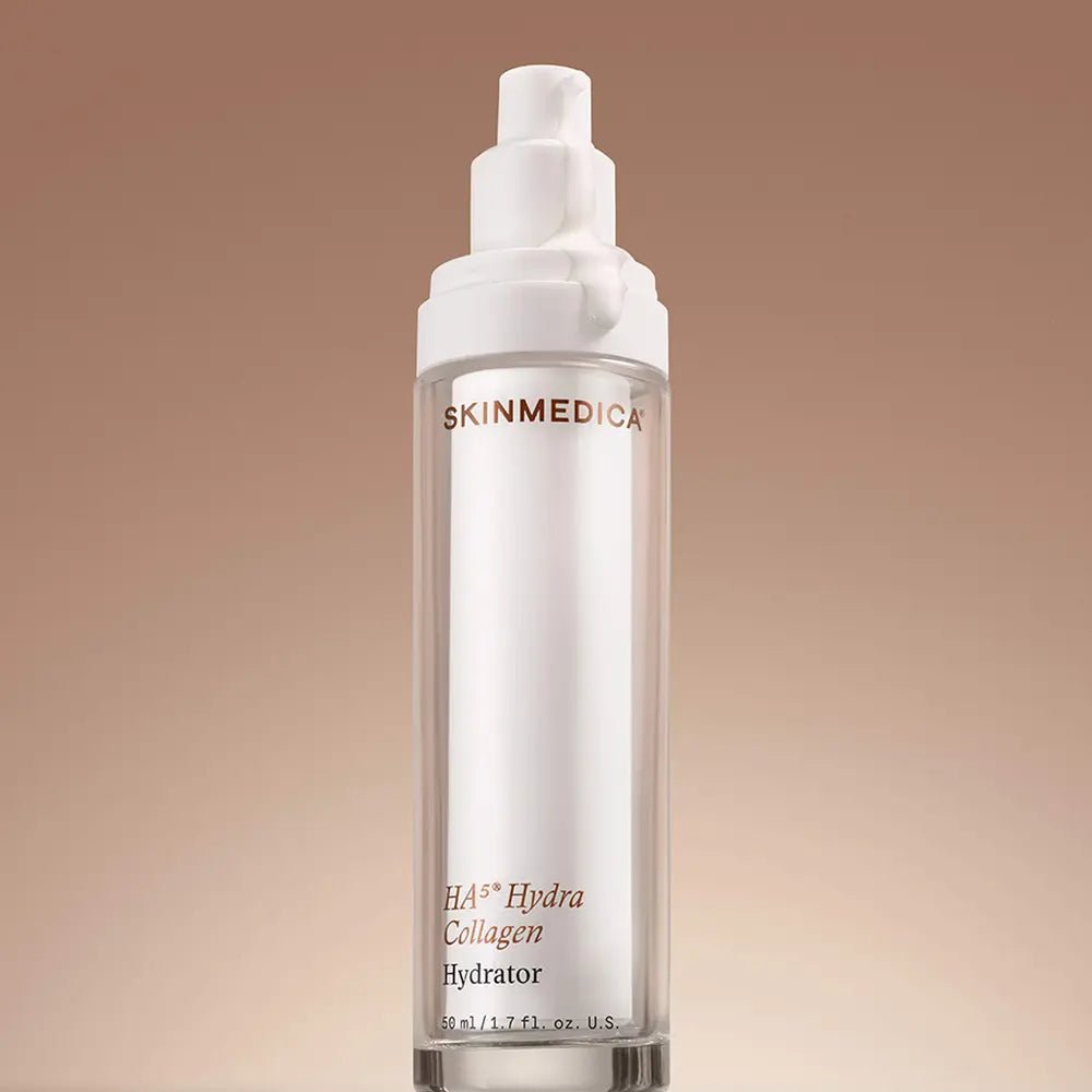 SkinMedica HA5 Hydra Collagen Hydrator bottle on a gradient background