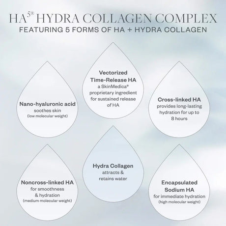 Diagram of HA5 Hydra Collagen Complex with five forms of HA and Hydra Collagen on a light gray background.