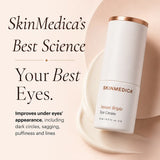 SkinMedica Instant Bright Eye Cream in a white cylindrical bottle with a metallic rose gold cap, displayed on a cream-colored background with product dark circles and sagging improvement benefits