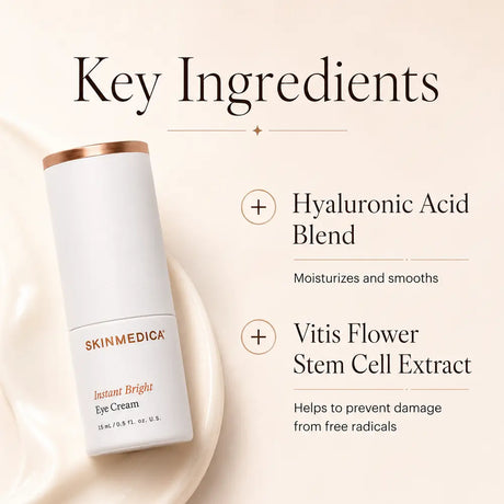 A white SKINMEDICA Instant Bright Eye Cream bottle with a metallic rose gold cap, displayed on a cream-colored background with a swirl of cream. The image includes text highlighting key ingredients: Hyaluronic Acid Blend and Vitis Flower Stem Cell Extract.