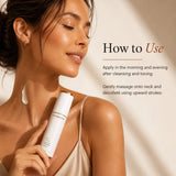 A woman in a beige satin top holds a SkinMedica Neck Correct bottle against her neck, with text on the right reading 'How to Use' and instructions for applying and massaging the product.