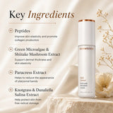 SkinMedica Neck Correct and Decolletage Cream stands on a draped fabric surface beside a white flower, with text on the left listing key ingredients: peptides, green microalgae & shitake mushroom extract, paracress extract, and knotgrass & dunaliella salina extract.