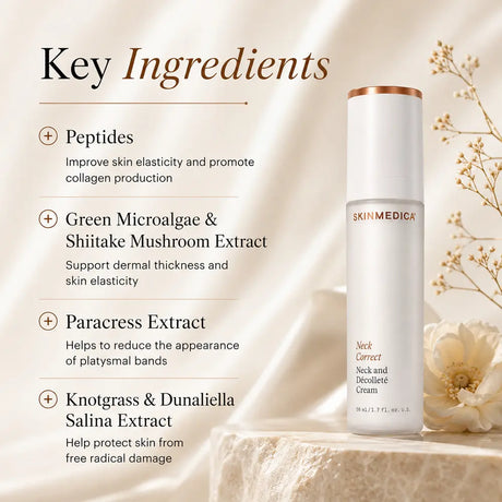 SkinMedica Neck Correct and Decolletage Cream stands on a draped fabric surface beside a white flower, with text on the left listing key ingredients: peptides, green microalgae & shitake mushroom extract, paracress extract, and knotgrass & dunaliella salina extract.