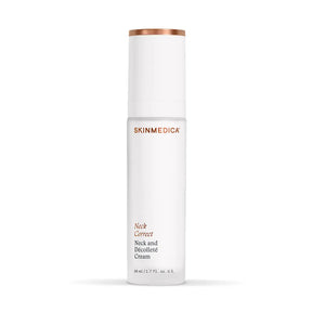 SkinMedica Neck Correct and Décolletage Cream with a metallic rose gold cap, set against a plain white background.