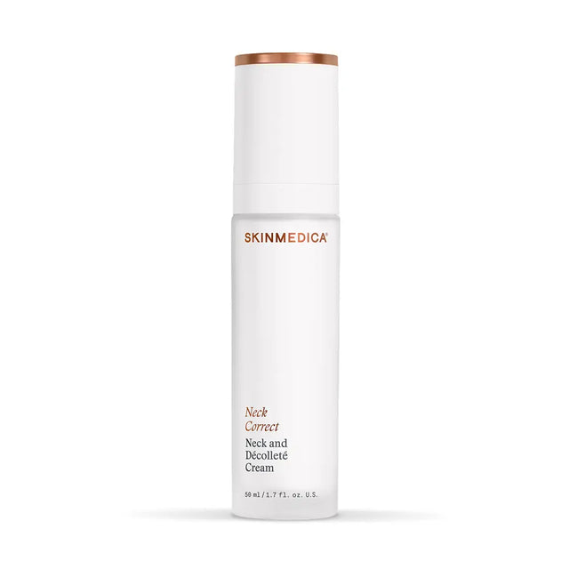 SkinMedica Neck Correct and Décolletage Cream with a metallic rose gold cap, set against a plain white background.