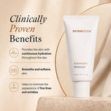 A white tube of  SkinMedica Rejuvenative Moisturizer stands on a stone pedestal against a warm beige background with elegant draped fabric and gold lines. Text on the left highlights clinically proven benefits for hydration, skin smoothness, and wrinkle minimization.