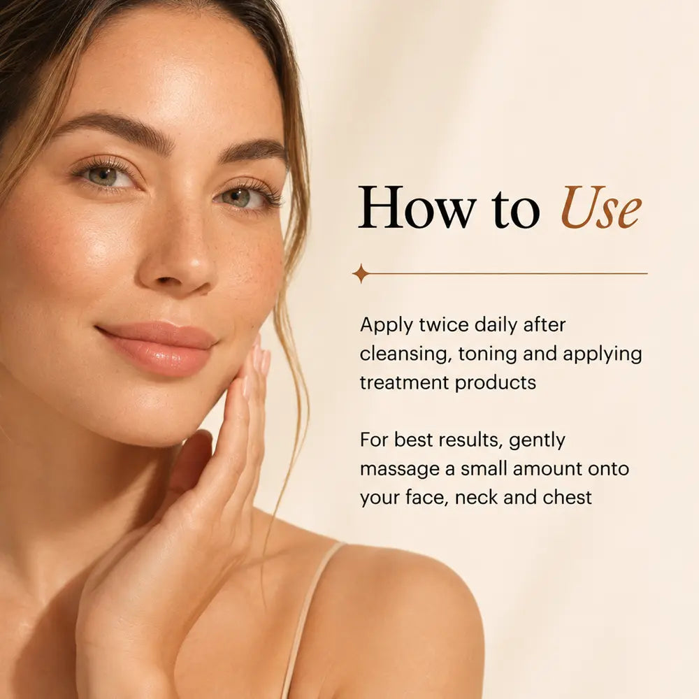 A close-up of a woman with smooth, radiant skin touching her face, next to text that reads 'How to Use' with instructions about applying a skincare treatment product twice daily. Learn how to use  SkinMedica Rejuvenative Moisturizer.