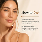 A close-up of a woman with smooth, radiant skin touching her face, next to text that reads 'How to Use' with instructions about applying a skincare treatment product twice daily. Learn how to use  SkinMedica Rejuvenative Moisturizer.