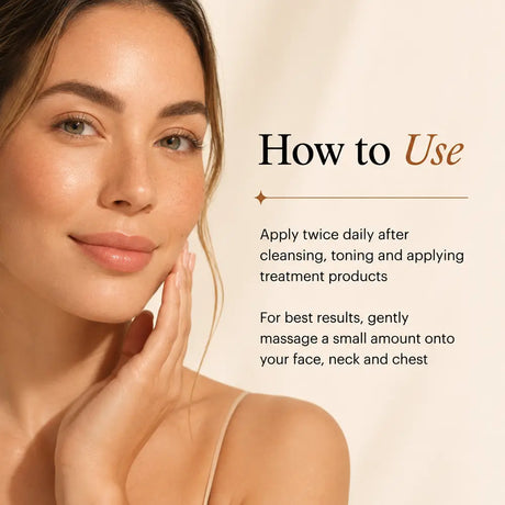 A close-up of a woman with smooth, radiant skin touching her face, next to text that reads 'How to Use' with instructions about applying a skincare treatment product twice daily. Learn how to use  SkinMedica Rejuvenative Moisturizer.