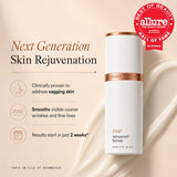 A bottle of SkinMedica TNS Advanced+ Serum on a warm beige background with cream-colored liquid swirls. The image includes marketing text about 'Next Generation Skin Rejuvenation' and an Allure Best of Beauty 4x winner award seal.