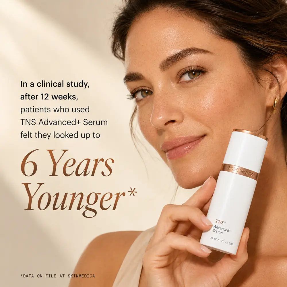 A woman holds a white TNS Advanced+ Serum bottle against a warm beige background, with text on the left reading 'In a clinical study, after 12 weeks, patients who used TNS Advanced+ Serum felt they looked up to 6 Years Younger*'.