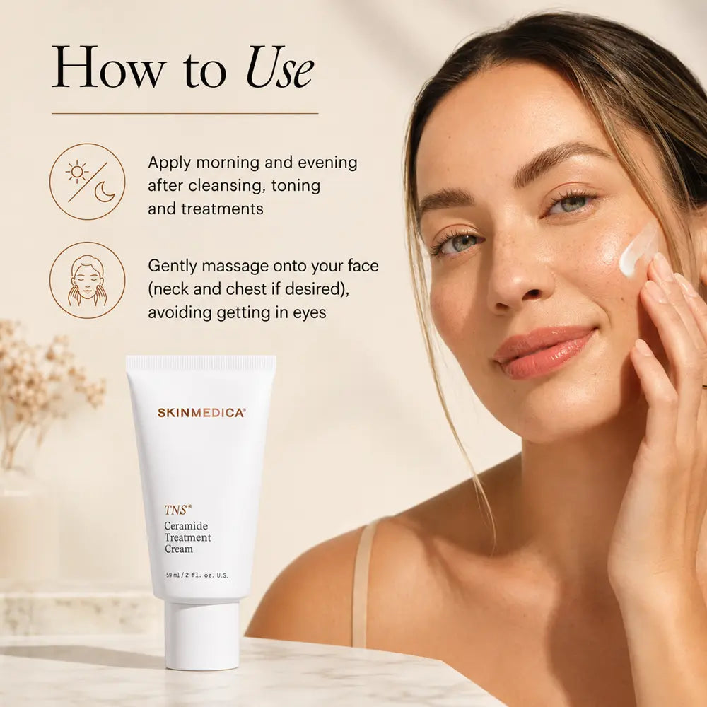 A skincare product tube labeled SkinMedica TNS Ceramide Treatment Cream is shown beside a woman applying cream to her face, with text reading 'How to Use' and application instructions on a warm beige background.