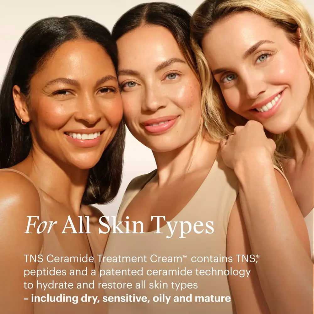 Three smiling women with radiant skin pose together against a warm beige background, with promotional text reading 'For All Skin Types' and 'TNS Ceramide Treatment Cream' overlaid at the bottom.