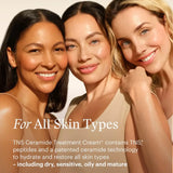 Three smiling women with radiant skin pose together against a warm beige background, with promotional text reading 'For All Skin Types' and 'TNS Ceramide Treatment Cream' overlaid at the bottom.