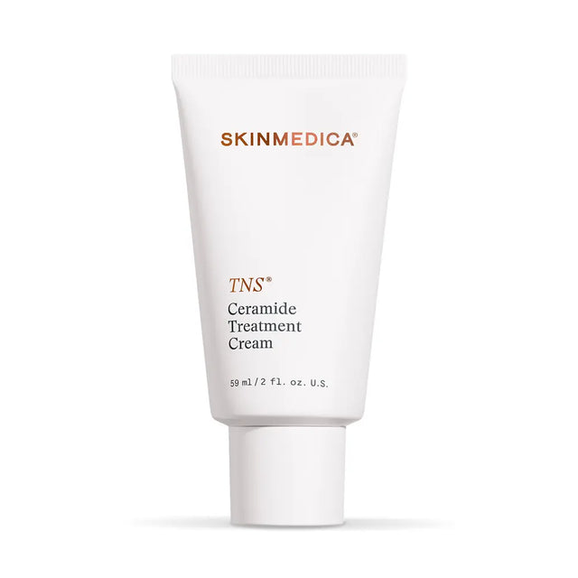 A white tube of SkinMedica TNS Ceramide Treatment Cream barrier support face lotion