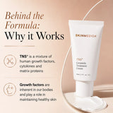 A white tube of SkinMedica TNS Ceramide Treatment Cream stands on a white smear of cream against a warm beige background, with promotional text on the left reading 'Behind the Formula: Why it Works' and product benefits about human growth factors and healthy skin.
