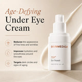 A bottle of SkinMedica TNS Eye Repair under-eye cream shown on a warm beige background with product benefits