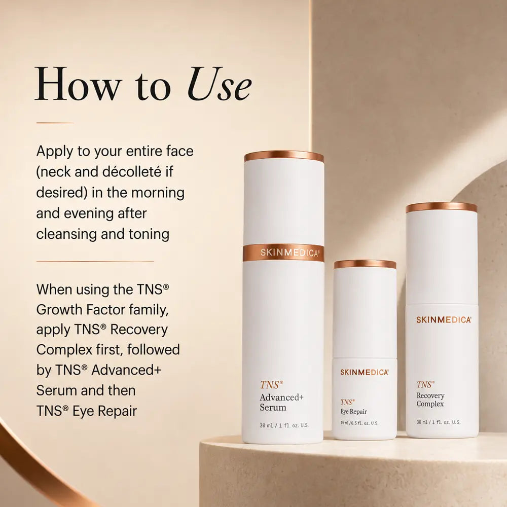 Three SKINMEDICA TNS skincare bottles displayed on a beige pedestal with a 'How to Use SkinMedica TNS Recovery Complex' text overlay on the left side.