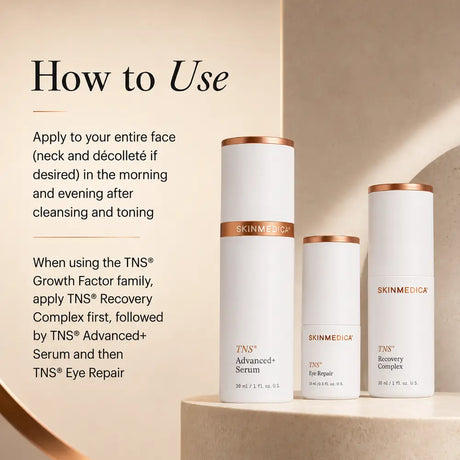 Three SKINMEDICA TNS skincare bottles displayed on a beige pedestal with a 'How to Use SkinMedica TNS Recovery Complex' text overlay on the left side.