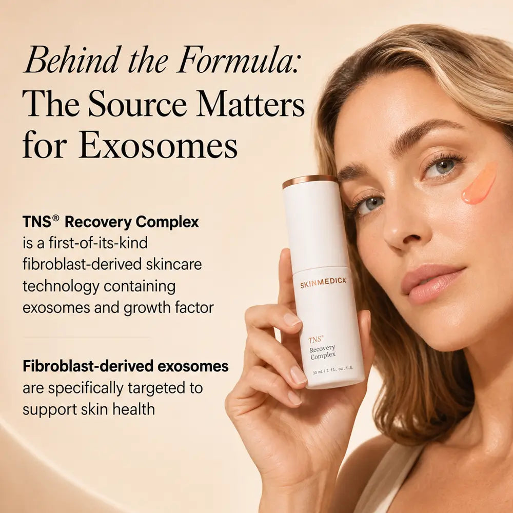A woman holds a white skincare bottle labeled SKINMEDICA TNS Recovery Complex against a warm beige background with promotional text about exosomes and fibroblast-derived skincare technology.