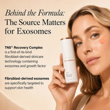 A woman holds a white skincare bottle labeled SKINMEDICA TNS Recovery Complex against a warm beige background with promotional text about exosomes and fibroblast-derived skincare technology.