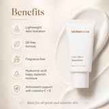 A white tube of SkinMedica Ultra Sheer Moisturizer shown on a warm beige background with a decorative cream swirl. The left side features a 'Benefits' section with icons and text for lightweight daily hydration, oil-free formula, fragrance-free, hyaluronic acid, and antioxidant support.