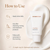 A SkinMedica Ultra Sheer Moisturizer shown on a cream-colored background with a large smear behind it. The left side includes a 'How to Use' section with icons and text for applying twice daily, after cleansing/toning/treatment products, and following with sunscreen.