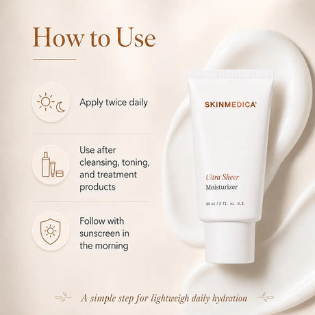 A SkinMedica Ultra Sheer Moisturizer shown on a cream-colored background with a large smear behind it. The left side includes a 'How to Use' section with icons and text for applying twice daily, after cleansing/toning/treatment products, and following with sunscreen.