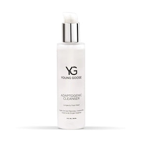 A white bottle of Young Goose Adaptogenic Cleanser full size with a reflective silver pump dispenser and a white applicator tip, shown on a clean white background.