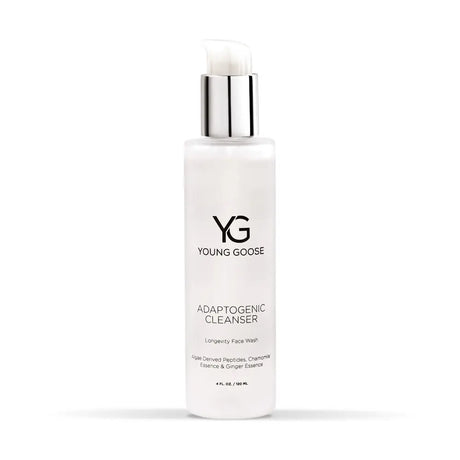A white bottle of Young Goose Adaptogenic Cleanser full size with a reflective silver pump dispenser and a white applicator tip, shown on a clean white background.