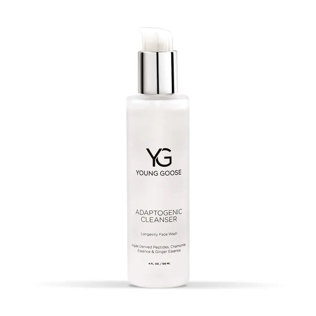A white bottle of Young Goose Adaptogenic Cleanser full size with a reflective silver pump dispenser and a white applicator tip, shown on a clean white background.