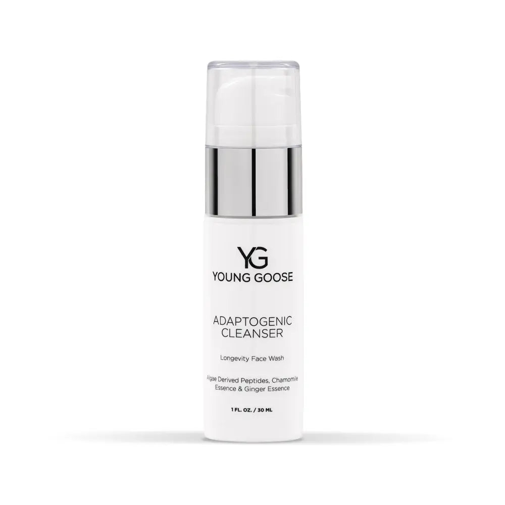 A white bottle of Young Goose Adaptogenic Cleanser travel size
