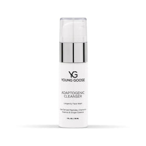 A white bottle of Young Goose Adaptogenic Cleanser travel size