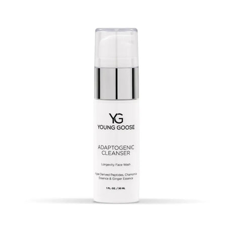 A white bottle of Young Goose Adaptogenic Cleanser travel size