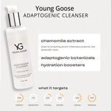 Young Goose Adaptogenic Cleanser bottle shown on a light gray background with product text, ingredient callouts, and benefit icons below.
