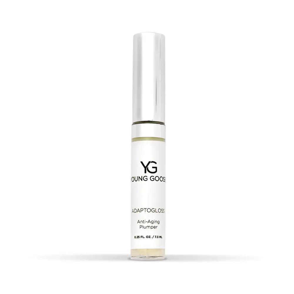 A single tube of Young Goose Adaptogloss Anti-Aging Plumper lip gloss, featuring a white label and a reflective silver cap, set against a plain white background.