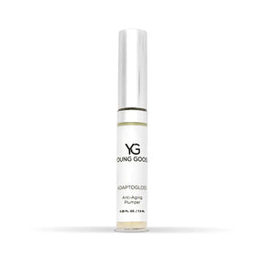 A single tube of Young Goose Adaptogloss Anti-Aging Plumper lip gloss, featuring a white label and a reflective silver cap, set against a plain white background.
