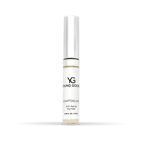 A single tube of Young Goose Adaptogloss Anti-Aging Plumper lip gloss, featuring a white label and a reflective silver cap, set against a plain white background.