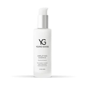 A white pump bottle of Young Goose Amplifying Essence with a silver pump collar and black text, centered on a white background.